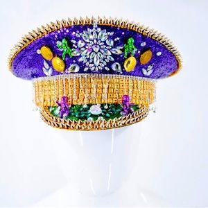 Mardi Gras Captains Hat One-Of-A-Kind Baby Coins Embellished Sequin Gem Fringe